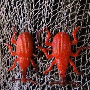 Beetles Orange Glitter Earrings Halloween Handcrafted Insect Entomology Goth